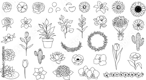 Hand-drawn botanical doodle set: diverse line art illustrations of flowers, plants, bouquets, wreaths, and succulents in black and white, perfect for spring and nature designs.