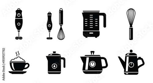 Black and white icons depicting coffee preparation tools and beverages