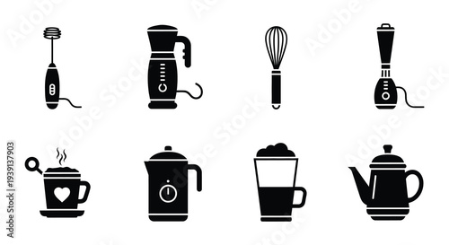 Black and white icons depicting coffee preparation tools and beverages