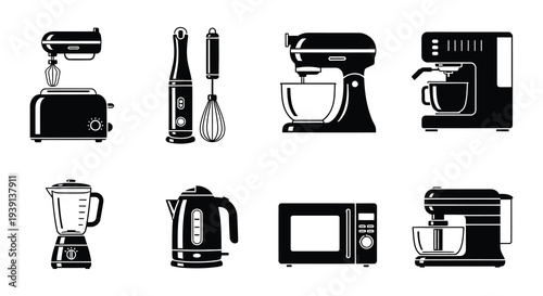 Black and white icons depicting coffee preparation tools and beverages