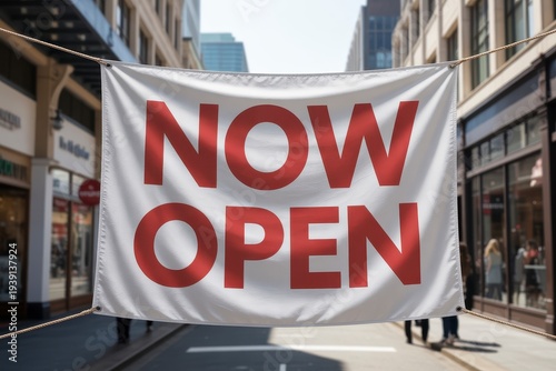 Now Open banner sign hanging across city street. Grand opening announcement concept