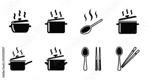 Black and white icons depicting cooking utensils and kitchen tools