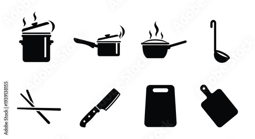 Black and white icons depicting cooking utensils and kitchen tools