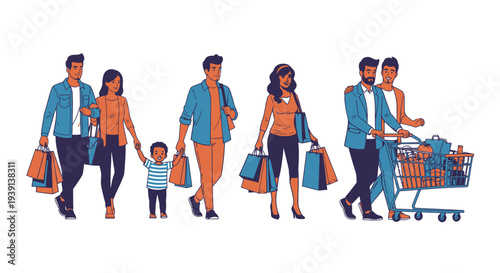 Illustration of diverse shoppers carrying bags and shopping cart.
