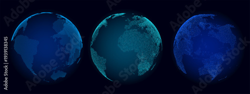 Vector set of digital globe spheres. Blue dotted world map on dark background. Futuristic global network and communication concept. Technology data visualization with Earth continents.
