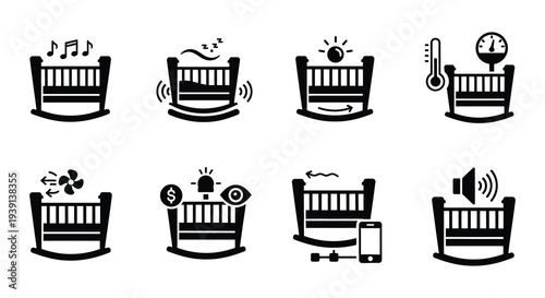 Black and white icons depicting various baby crib and mobile designs