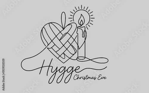 Hygge Christmas Monoline Background with Heart and Candle.