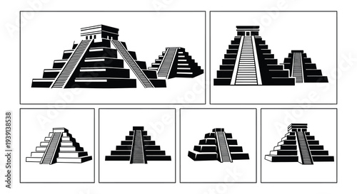 Black and white illustrations depicting mayan or aztec pyramid structures