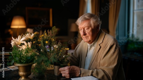 Elderly man arranging fresh flowers beside urn on mantle in upscale townhouse, wedding ring still worn, preparing solitary dinner, perfect for widower grief keywords, and contemporary loss theme.