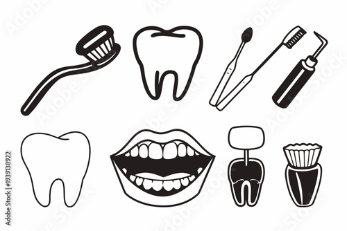 A set of dental icons including toothbrushes, teeth, and dental tools in a flat design style