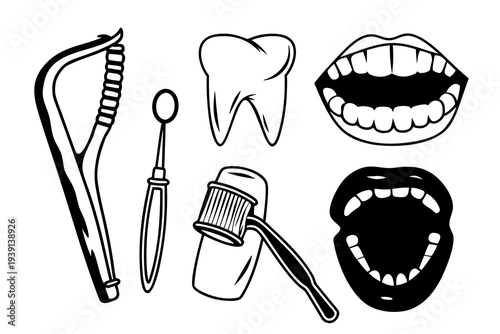 A set of dental care icons including toothbrush, toothpaste, and teeth