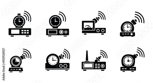 Collection of black and white alarm clock icons with varying designs