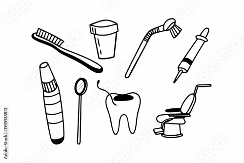A black and white vector illustration of dental care tools and equipment