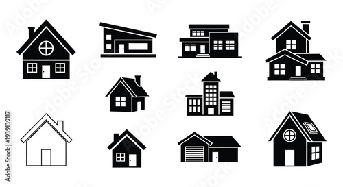 Collection of simple black and white house and building icons