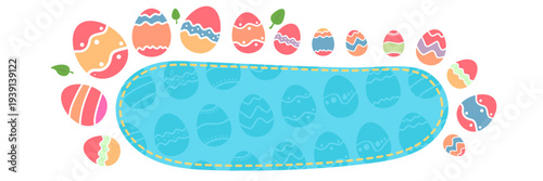 Easter eggs frame banner. Blue oval patch for text surrounded by colorful decorated eggs and green leaves. Festive spring background for holiday sale and greeting isolated on white background.
