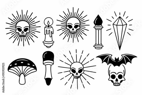 A set of black and white vector illustrations featuring skulls and occult symbols