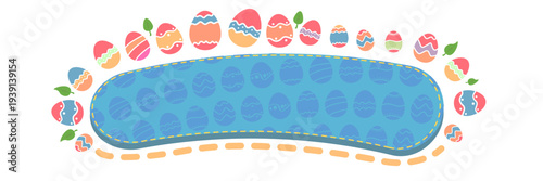 Easter eggs frame banner. Blue oval patch for text surrounded by colorful decorated eggs and green leaves. Festive spring background for holiday sale and greeting isolated on white background.