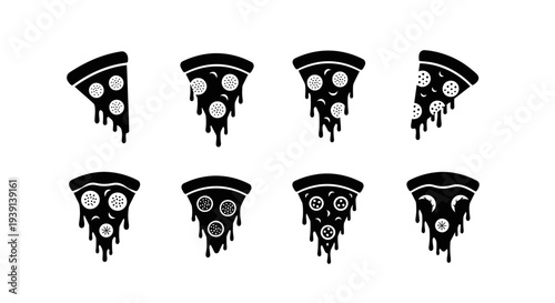 Create a professional minimalist pizza slice silhouette vector collection featuring 4 different pizza slice variations arranged in a clean 2x2 grid layout in one single image. Use only pizza slice as 