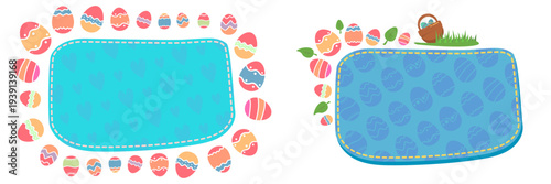Easter eggs frame banner. Blue oval patch for text surrounded by colorful decorated eggs and green leaves. Festive spring background for holiday sale and greeting isolated on white background.