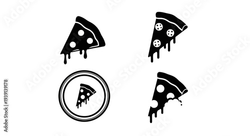 Create a professional minimalist pizza slice silhouette vector collection featuring 4 different pizza slice variations arranged in a clean 2x2 grid layout in one single image. Use only pizza slice as 