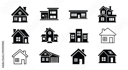 Collection of simple black and white house and building icons