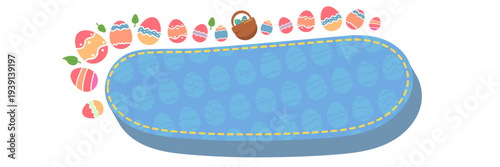 Easter eggs frame banner. Blue oval patch for text surrounded by colorful decorated eggs and green leaves. Festive spring background for holiday sale and greeting isolated on white background.