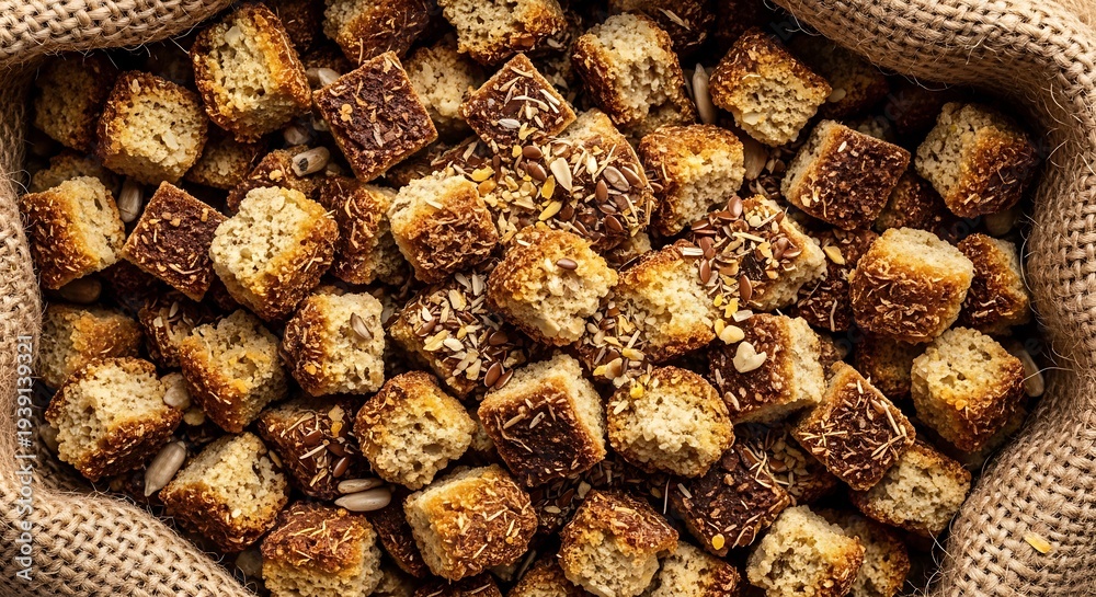 Fototapeta premium Crunchy homemade croutons with seeds in burlap basket