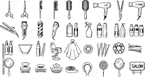 Set of Hand-Drawn Hair Salon Items: Scissors, Brushes, Hairdryers, Clippers, and Accessories