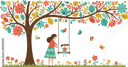 Woman pushing child on swing under colorful tree with butterflies and flowers