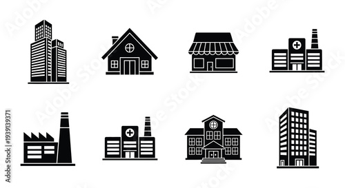 Collection of simple black and white house and building icons