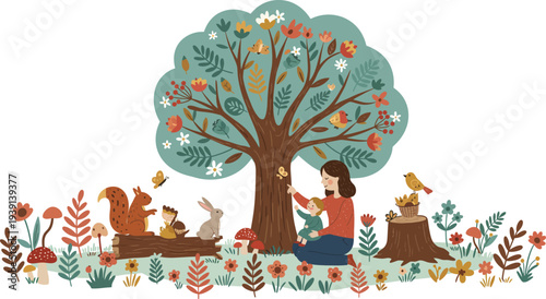 Woman sitting under a tree surrounded by flowers and animals in a whimsical garden setting