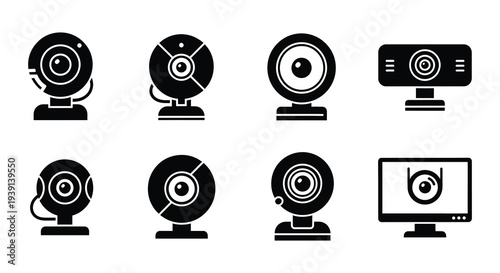 Collection of black silhouette icons depicting various webcam and camera styles
