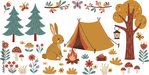 Camping scene with rabbit in forest with tent and trees