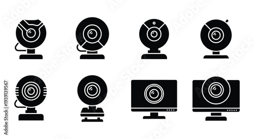 Collection of black silhouette icons depicting various webcam and camera styles