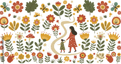 Woman and child walking on winding path surrounded by vibrant colorful flowers and plants in a whimsical garden scene