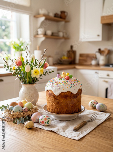 Traditional Easter cake with icing and colorful eggs on kitchen table, homemade kulich bread with spring flowers and festive Easter decoration in cozy home kitchen