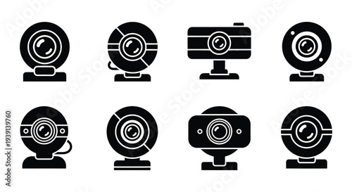 Collection of black silhouette icons depicting various webcam and camera styles