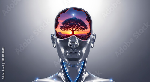 Futuristic android head with a vibrant nature landscape reflected inside its transparent cranial dome, representing artificial intelligence and consciousness.