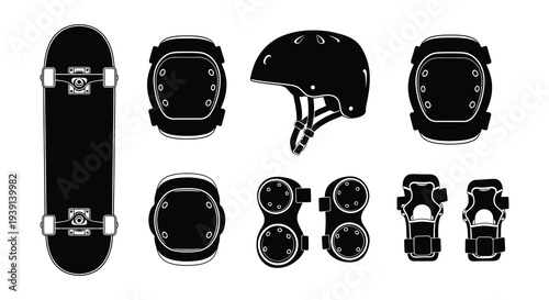Black and white illustration of skateboarding equipment including a board and safety gear