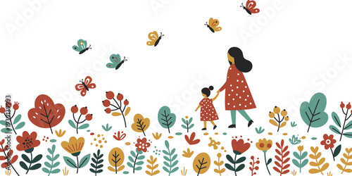 Woman and child walking through colorful flowers and butterflies in a garden