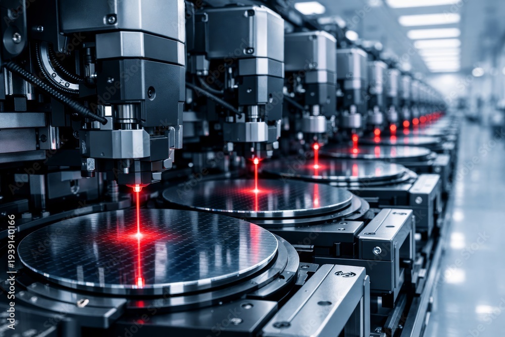 Fototapeta premium Automated laser inspection of semiconductor wafers in fabrication line. Ai generative