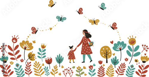 Woman and child walking through colorful garden with butterflies and flowers