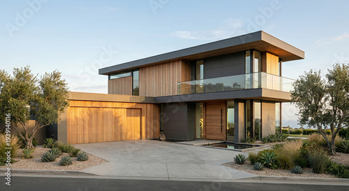 A modern, two-story home with wood and dark gray siding, a glass balcony, and a large wooden garage door is shown in this exterior shot.