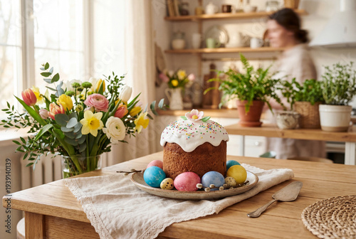 Traditional Easter cake with colorful eggs on rustic kitchen table, festive Easter breakfast with kulich cake, spring flowers and holiday decoration in cozy home kitchen