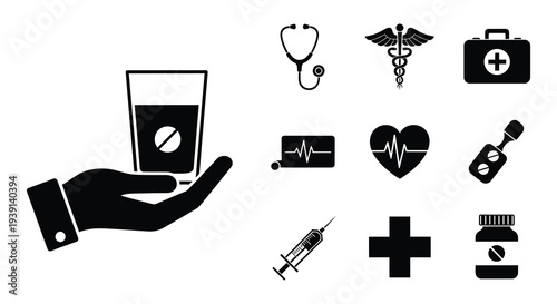 Black medical icons depicting healthcare symbols and tools on white background