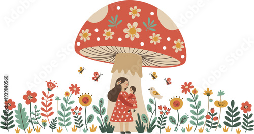 Little girl standing under a large red mushroom in a field of colorful flowers