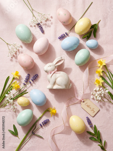 Easter eggs with bunny and spring flowers on pastel pink background, festive Easter holiday flat lay with decorated eggs, ribbon and seasonal spring decoration