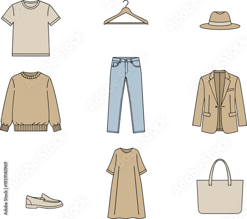 Minimalist Capsule Wardrobe Vector Collection Featuring Neutral Tones T-Shirt, Sweater, Blazer, Denim Jeans, Midi Dress, and Stylish Fashion Accessories