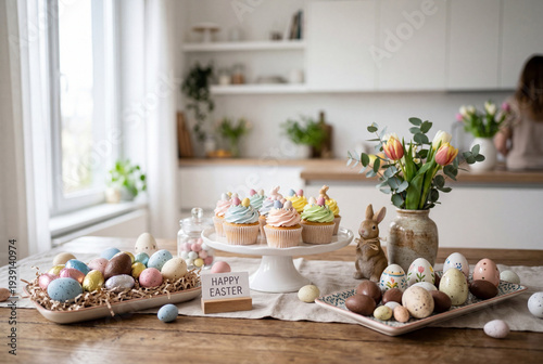 Easter dessert table with cupcakes, chocolate eggs and decorated Easter eggs in cozy spring kitchen, festive Easter celebration setup with pastel sweets, flowers and holiday decorations