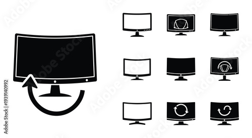 Black and white illustration of various television screen sizes and a refresh symbol
